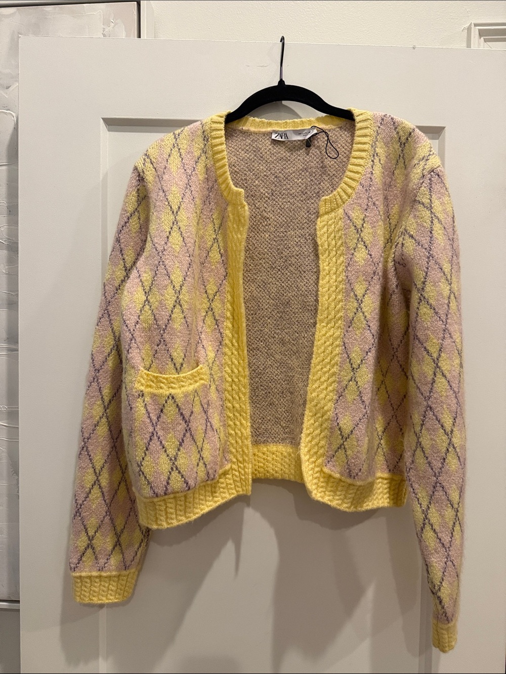 Zara Pastel Yellow and Pink Argyle Open-Front Cardigan